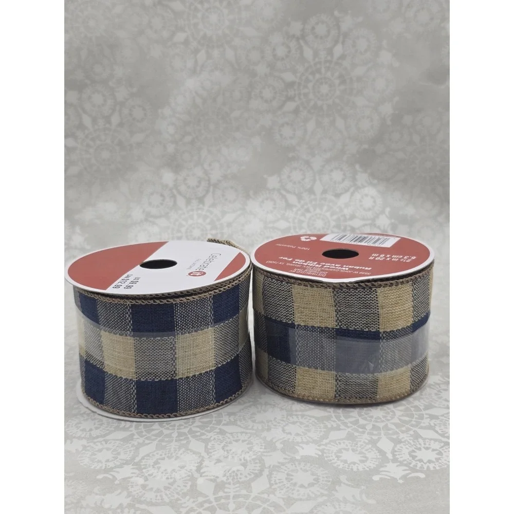 2 Navy Tan Buffalo Plaid Wired Ribbon 2.5